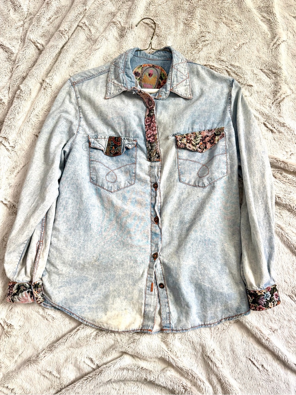 VTG 90s Joujou Tapestry Trim Denim Shirt Medium Acid Wash Floral Boho Shacket